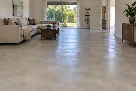 Illustrative living room with a continuous matte microcement floor