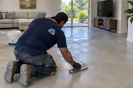Illustrative artisan hand-finishing a residential microcement floor