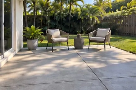 Illustrative residential concrete patio with a simple seating area