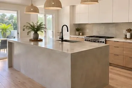 Illustrative microcement kitchen with a matte island and backsplash