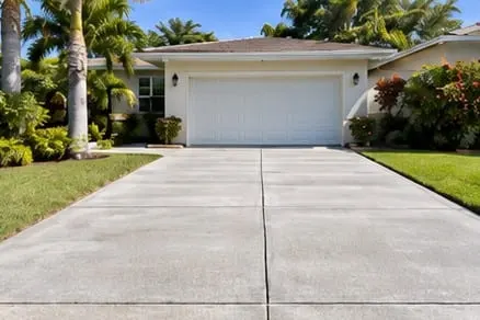 Illustrative concrete driveway with control joints beside a Florida home