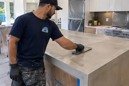 Illustrative artisan applying microcement to a kitchen countertop
