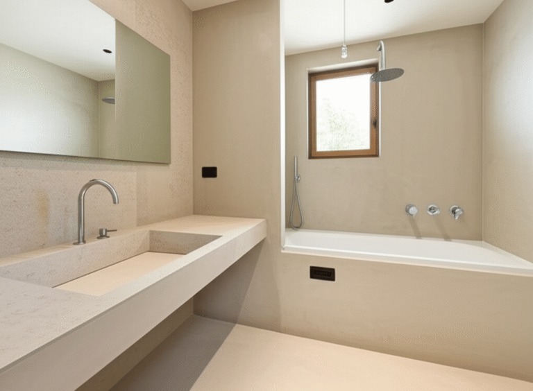 A modern bathroom features a minimalist design with light beige tones. The space includes a built-in sink and countertop with a chrome faucet and a small mirror. A window with a wooden frame provides natural light. To the right, a bathtub is positioned beneath a ceiling-mounted shower head. The walls and floor appear to be finished with microcement, creating a seamless and clean aesthetic.