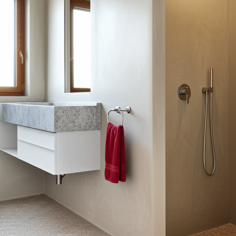 A modern bathroom with microcement shower walls, a sleek vanity, and a minimalist design.