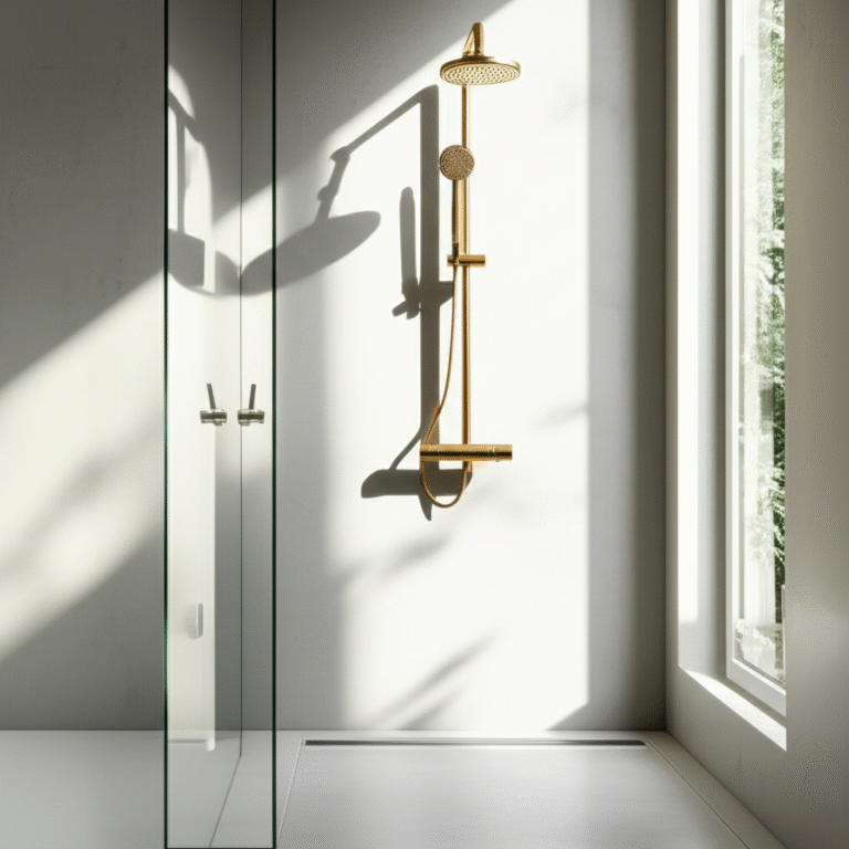 A modern bathroom with light grey microcement walls, a glass shower screen, and a shower system with a rain shower head. The space is bright, with natural light streaming in through a window, casting shadows of plants on the wall.