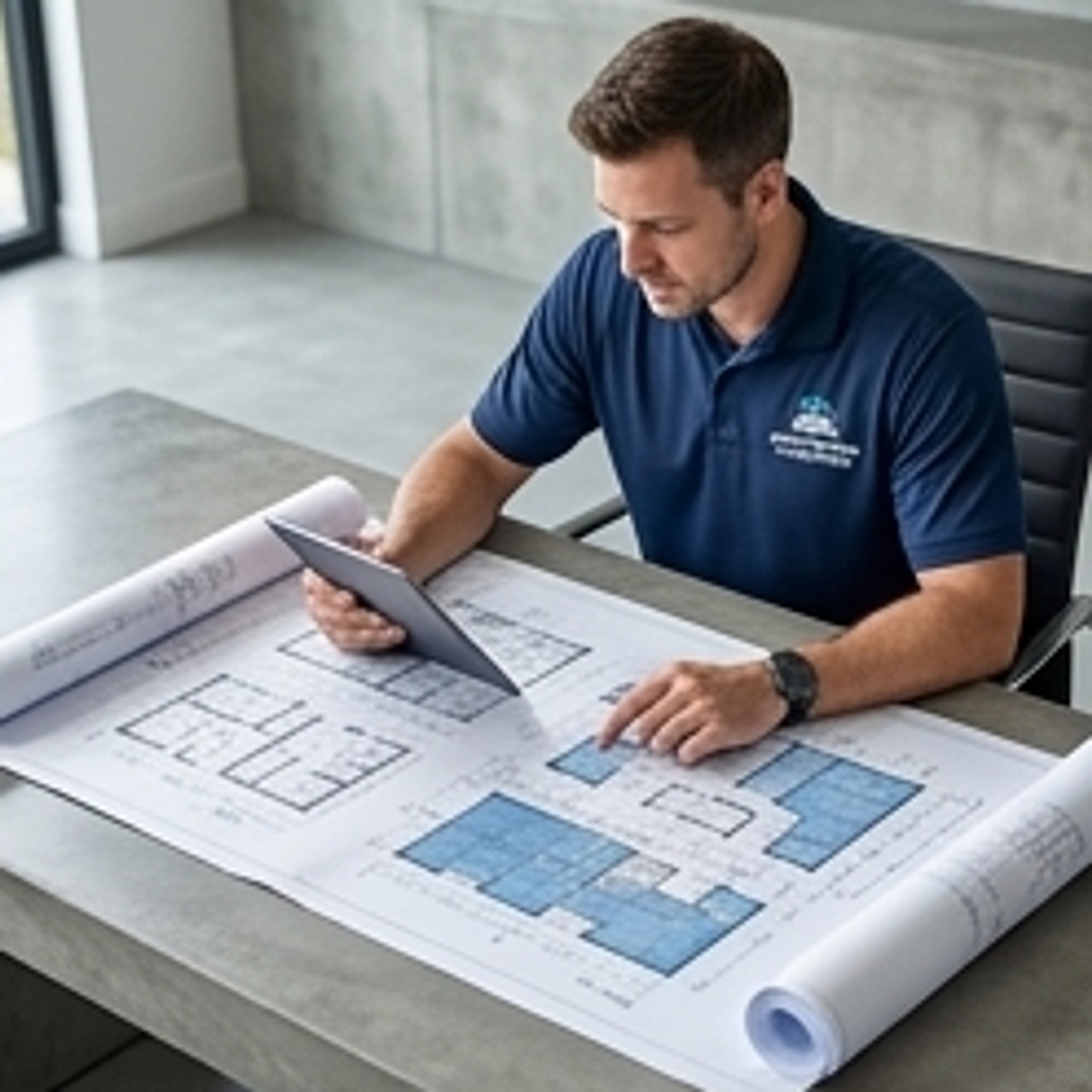 technician reviewing ductless mini split plans