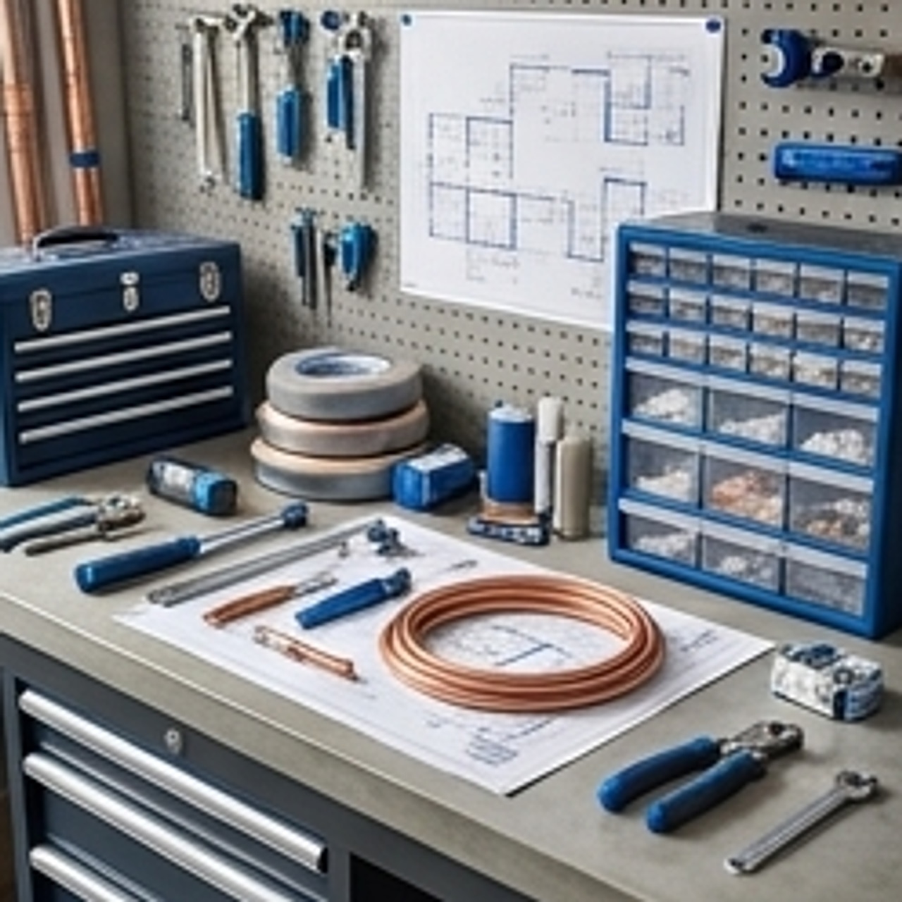 workspace with tools and mini split parts