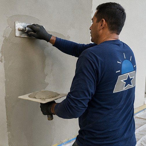 Illustration of a Hollywood Cement branded professional applying microcement by hand