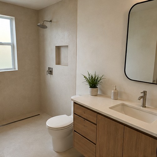 Finish inspiration for a microcement bathroom with warm wood